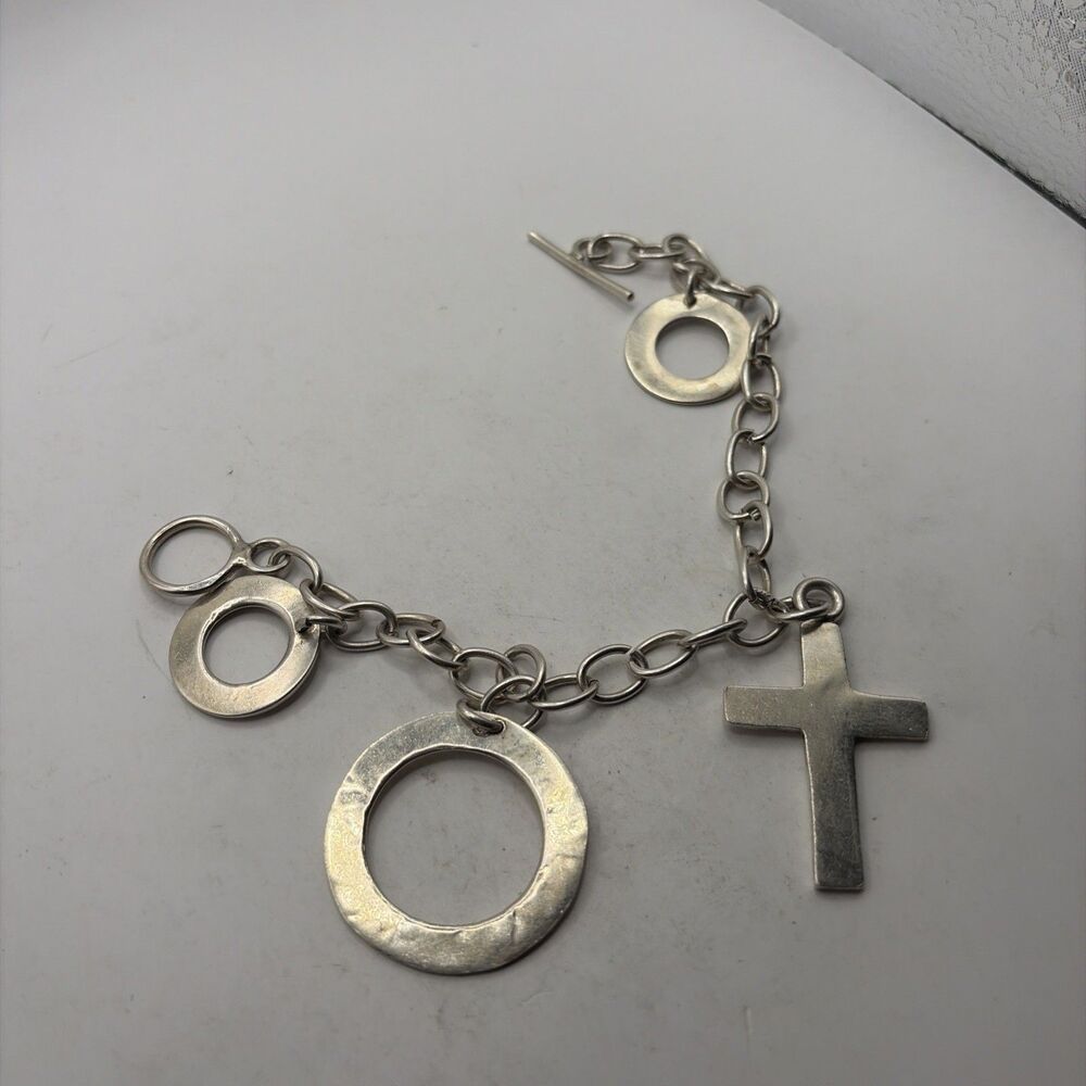 Modernist Chain Bracelet With Geometric Charms, Mexico 925 Silver Jewelry 8"